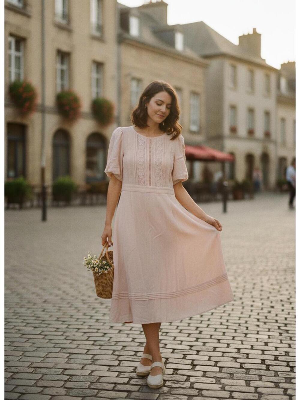 Motf Vintage Look Soft Pink Puff Sleeve Dress with Butterfly Lace Detail Large
